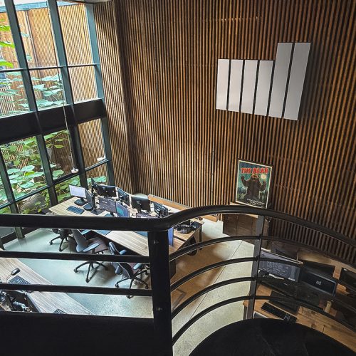 Office View of The Mill showing logo on the wall