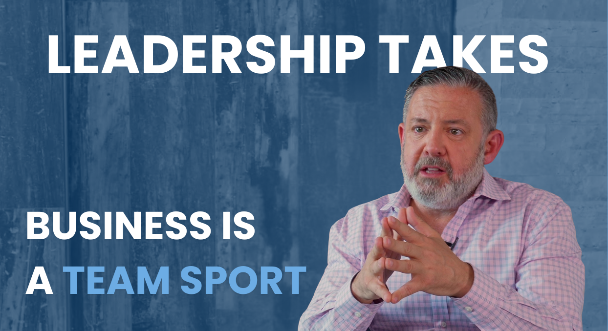 Phil Shawe gesturing with his hands in front of text reading 'business is a team sport'